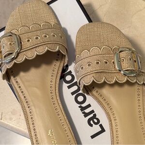 Larroude Ivy Broderie Sandals in Raffia Beige